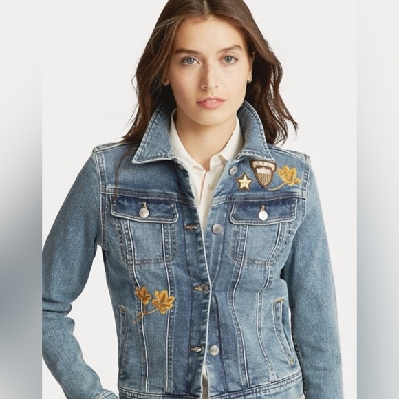 Polo Ralph Lauren Women’s Blue Embroidered Patch Denim Jean Jacket - Picture 3 of 16